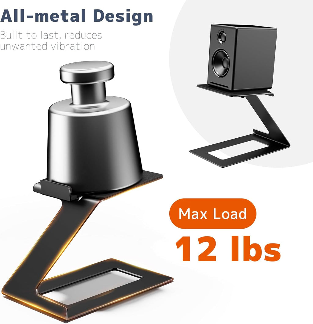 PUTORSEN Desk Speaker Stands,Desktop Speaker Stands for Most Small & Medium Bookshelf Speakers, Computer Speakers,Depth Up to 7.71in,6 Tilt Angle,Speaker Risers with Vibration Absorption Pad, Black