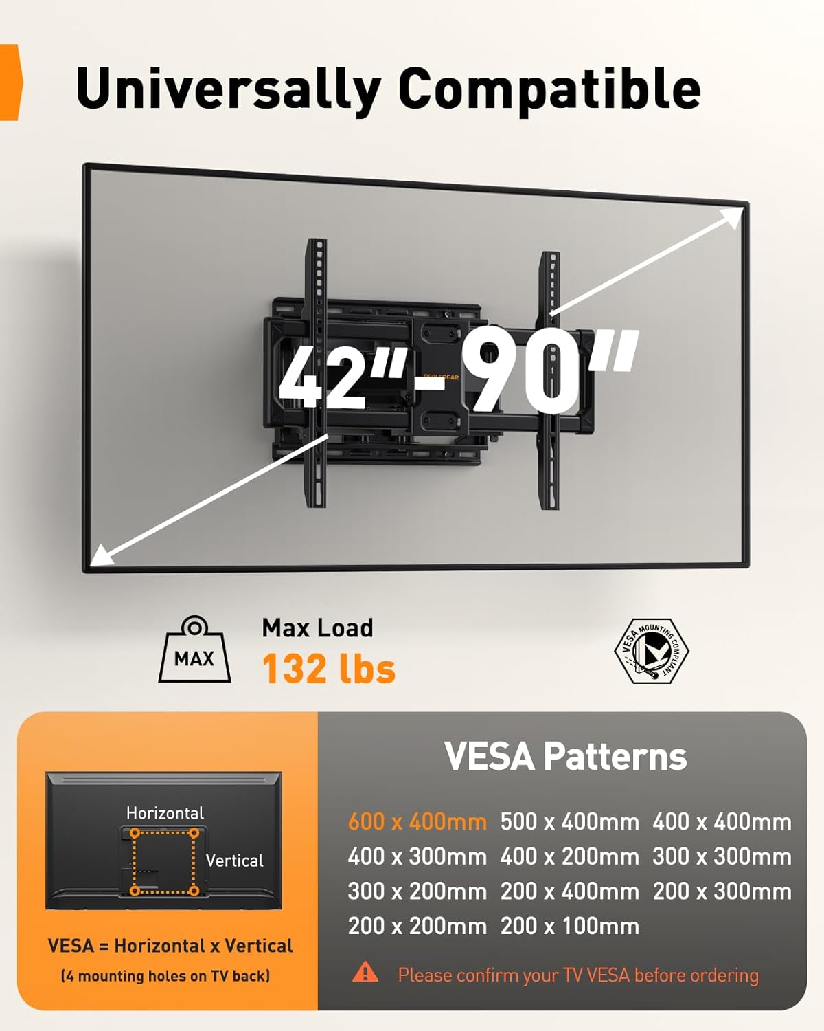 Perlegear UL Listed Full Motion TV Wall Mount for 42-90 inch TVs up to 132 lbs, TV Mount with Dual Articulating Arms, Tool-Free Tilt, Swivel, Extension, Leveling, Max VESA 600x400mm, 16" Studs, PGLF8.