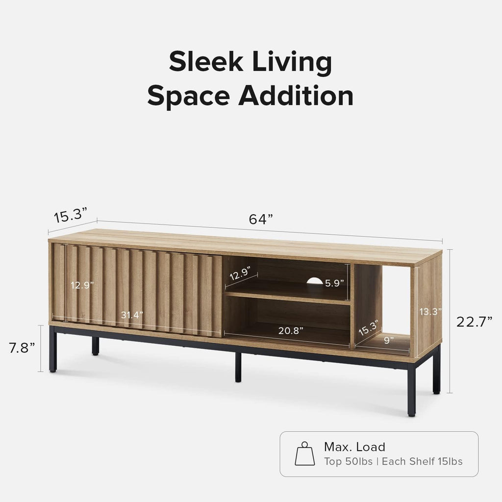 mopio Norwin TV Stand, Rustic Modern Industrial Television Stand for 60/65/70 inch TV, Fluted Entertainment Center with Storage, Wood Media Console Credenza Cabinet Table (Oak 64" TV Stand)