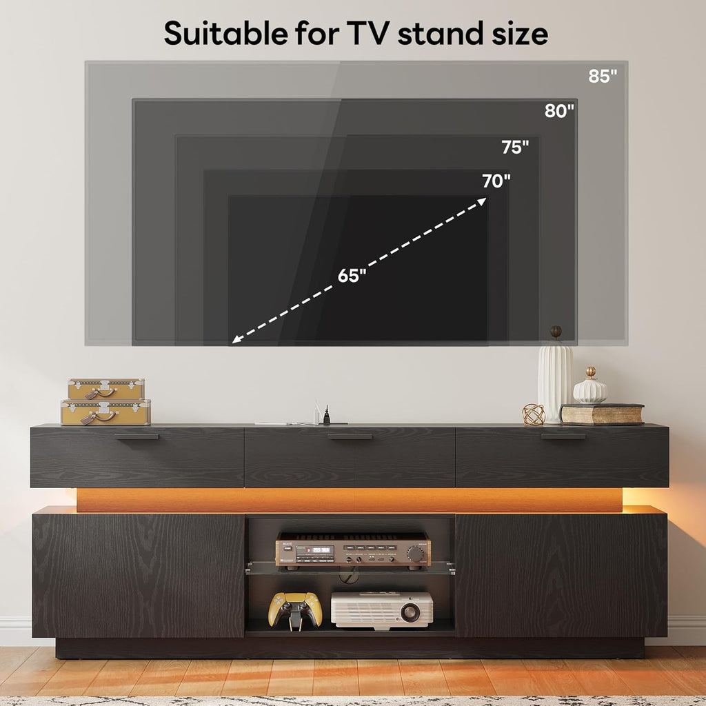 LIKIMIO Black TV Stand for TVs 85 inch, Entertainment Center with Power Outlets & LED Lights, TV Media Console Table with Cabinets, Drawers and Open Storage Shelves, Modern TV Stand for Living Room
