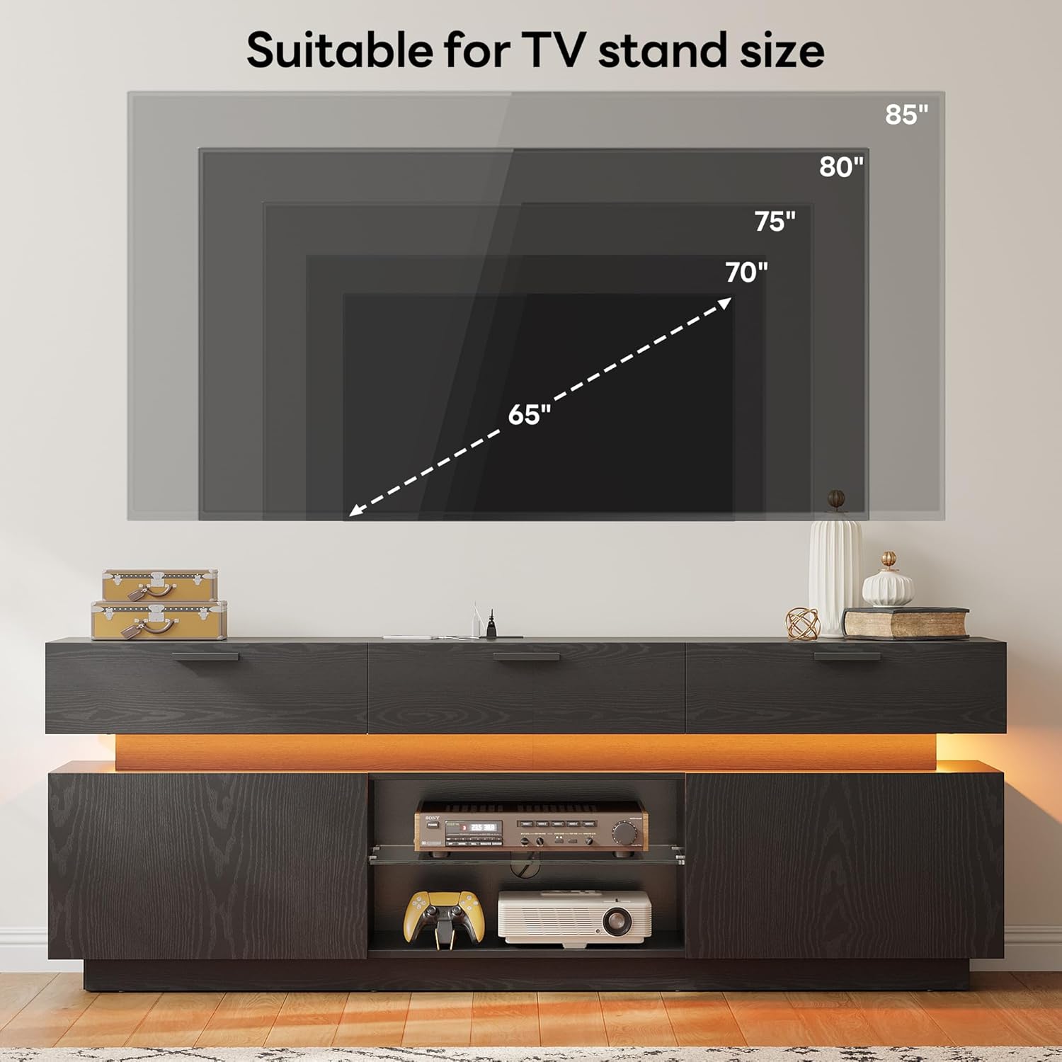 LIKIMIO Black TV Stand for TVs 85 inch, Entertainment Center with Power Outlets & LED Lights, TV Media Console Table with Cabinets, Drawers and Open Storage Shelves, Modern TV Stand for Living Room