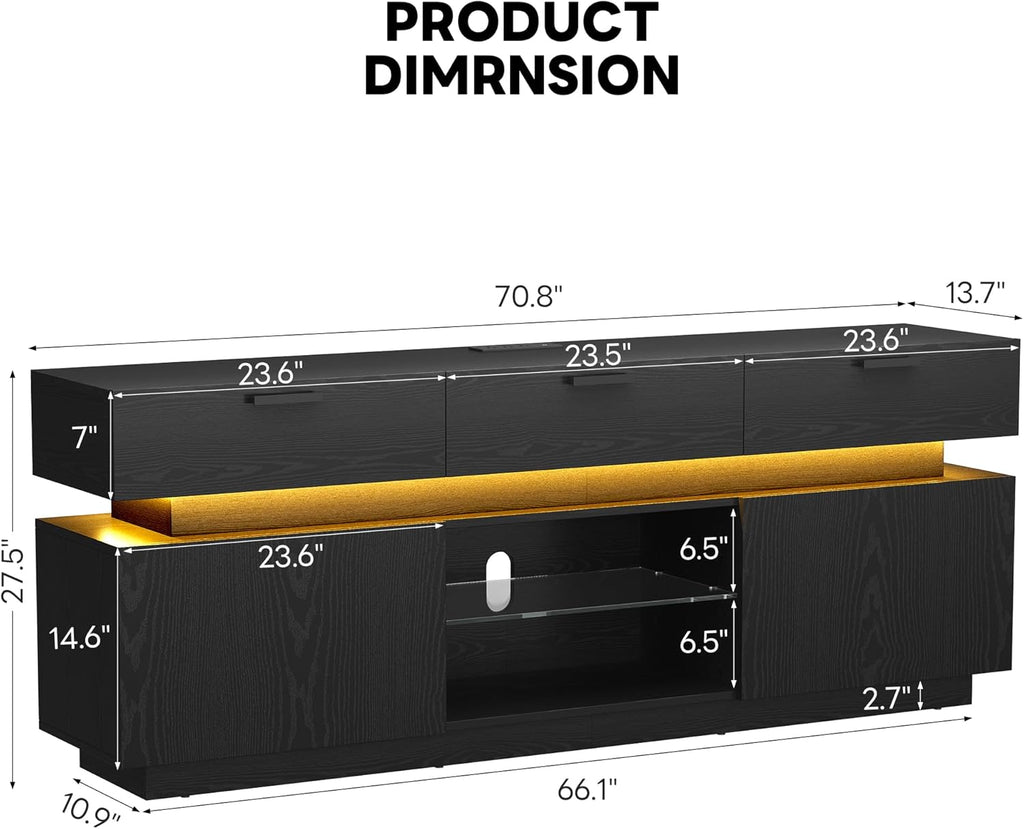 LIKIMIO Black TV Stand for TVs 85 inch, Entertainment Center with Power Outlets & LED Lights, TV Media Console Table with Cabinets, Drawers and Open Storage Shelves, Modern TV Stand for Living Room