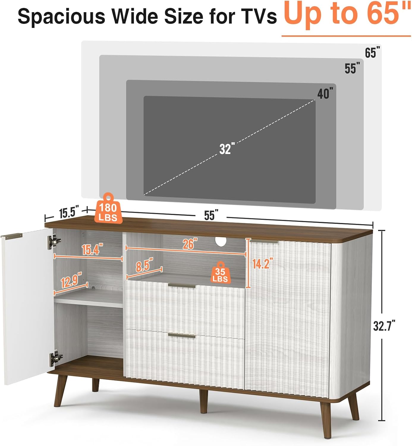55"W TV Stand Fit up to 65-inch TVs, Mid-century Modern Entertainment Center with LED, Fluted Wood TV Table with 2 Drawers & Storage Cabinets, Media Console for Living Room & Bedroom, Beige