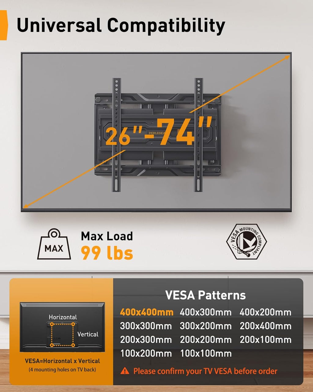 Perlegear Full Motion TV Mount for 26-74 inch TVs, Height Adjustable Pre-Assembled TV Wall Mount with Dual Articulating Arms, Tool-Free Tilt, Swivel, Fits 16” Studs, 99 lbs, Max VESA 400x400mm, PGMF21