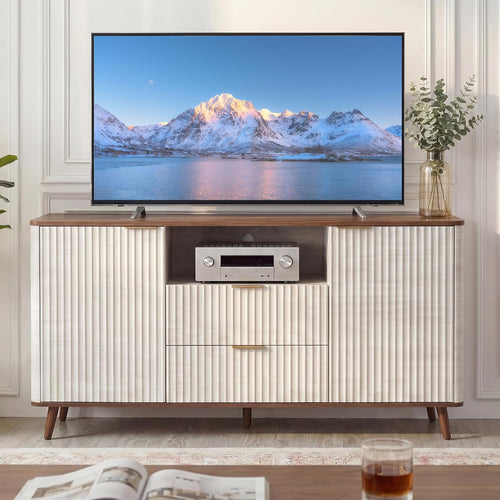 55"W TV Stand Fit up to 65-inch TVs, Mid-century Modern Entertainment Center with LED, Fluted Wood TV Table with 2 Drawers & Storage Cabinets, Media Console for Living Room & Bedroom, Beige