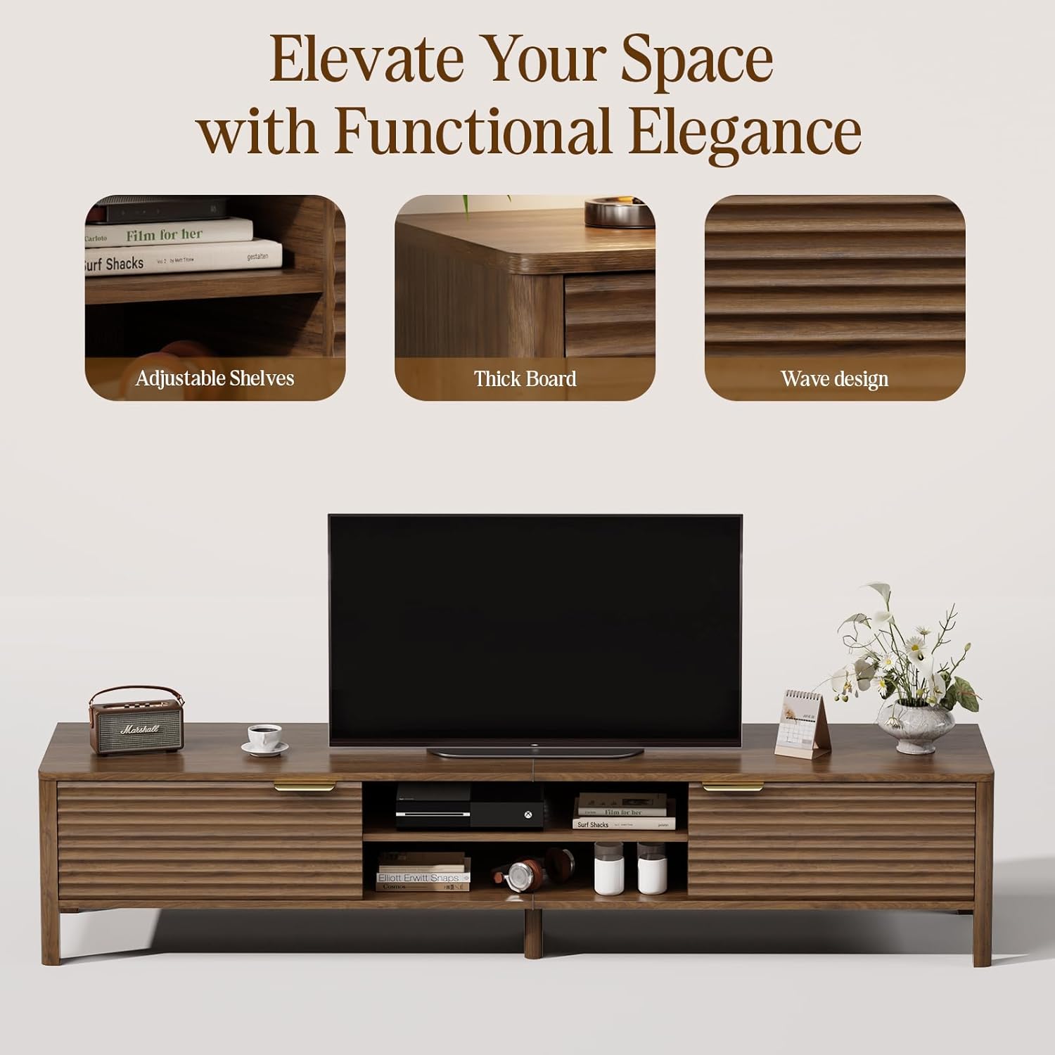 TV Stand for Living Room - up to 80 Inch TVs Mid Century Modern Entertainment Center with Storage and Adjustable Shelves, Media Console Table Walnut 71"