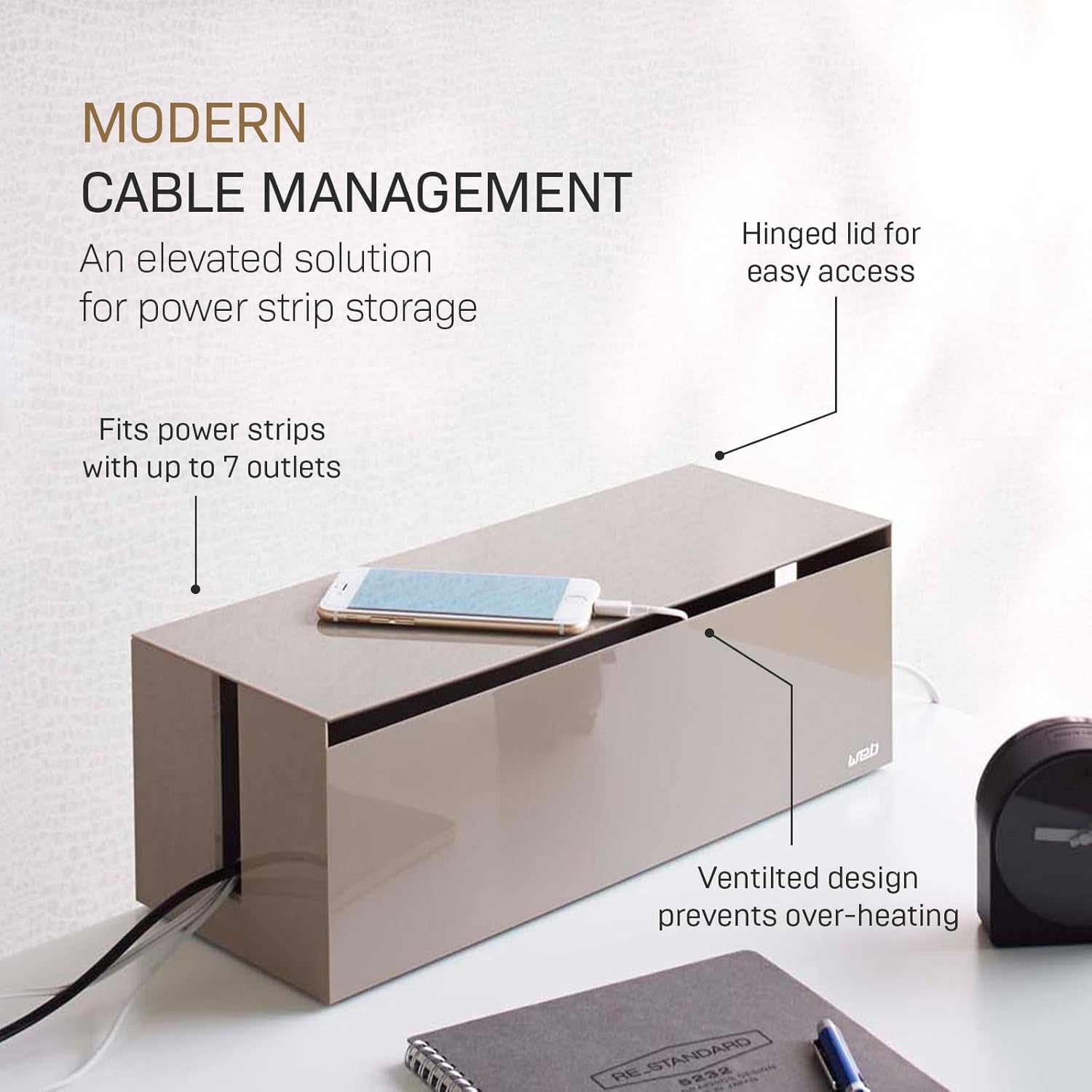 YAMAZAKI Home Cable Management Box – Cord Organizer Box with Lid, Minimalist Cable Storage for Office, Abs Plastic - Abs Plastic
