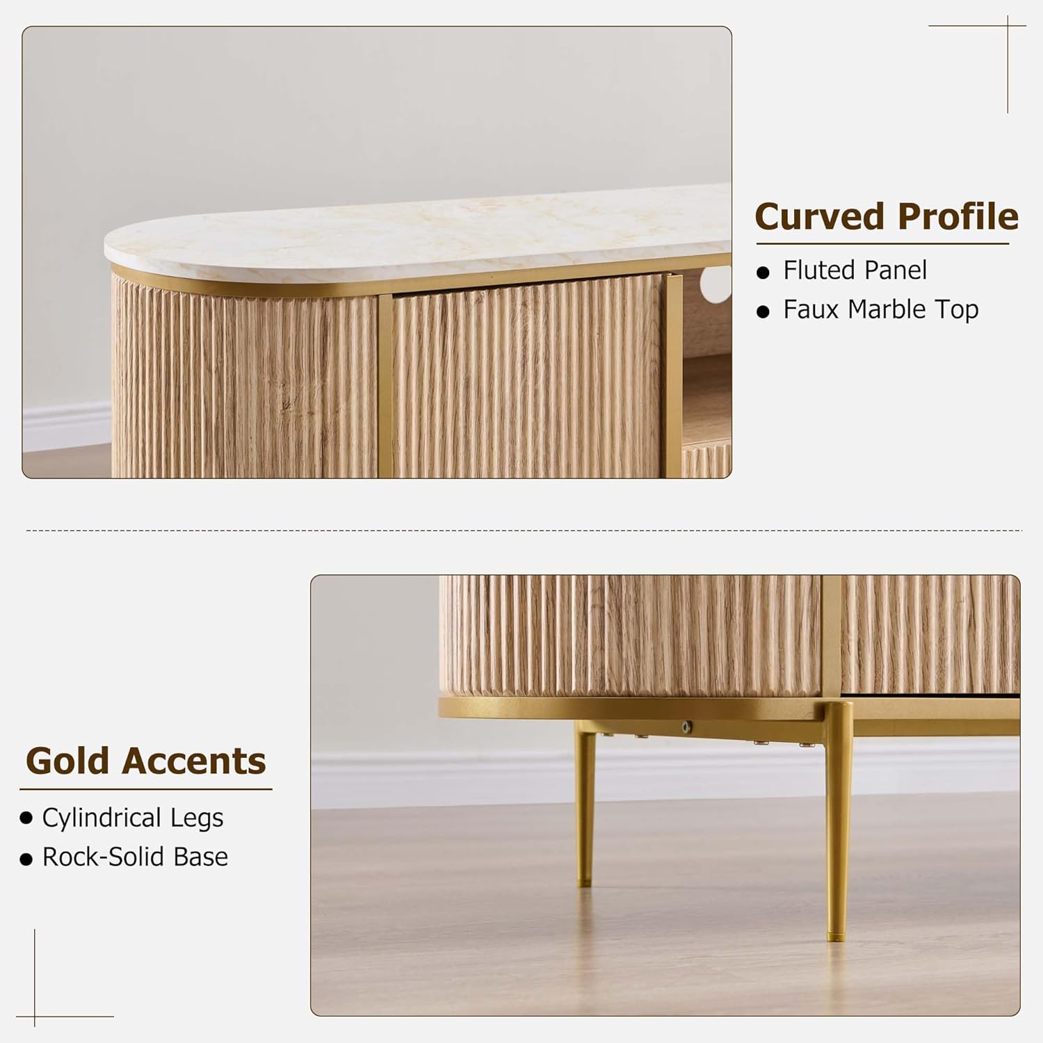 OKD Luxury 70" Fluted TV Stand, Modern Chic Entertainment Center for TVs Up to 80 inches, TV Console with Faux Marble Top, Curved Profile Design, Media Console for Living Room, Natural Oak