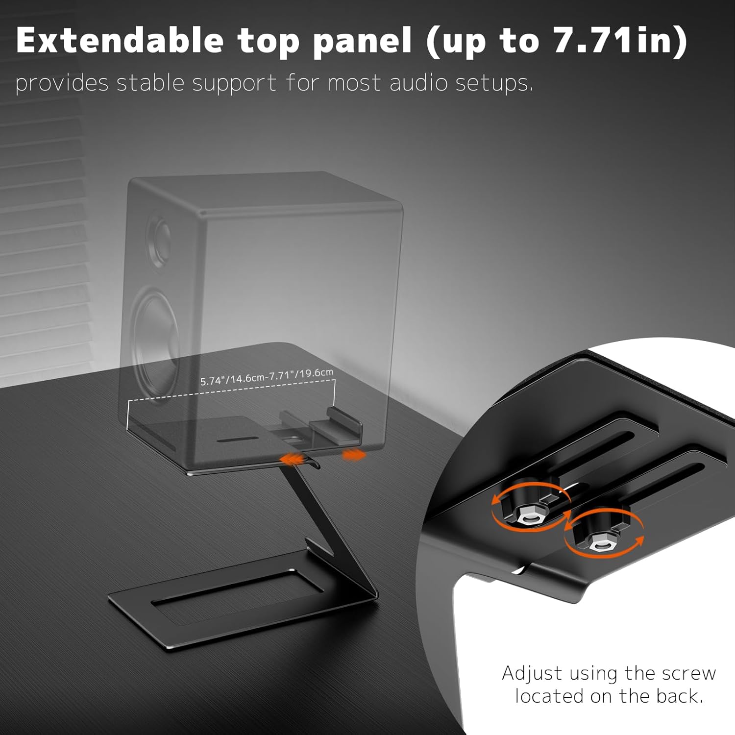 PUTORSEN Desk Speaker Stands,Desktop Speaker Stands for Most Small & Medium Bookshelf Speakers, Computer Speakers,Depth Up to 7.71in,6 Tilt Angle,Speaker Risers with Vibration Absorption Pad, Black