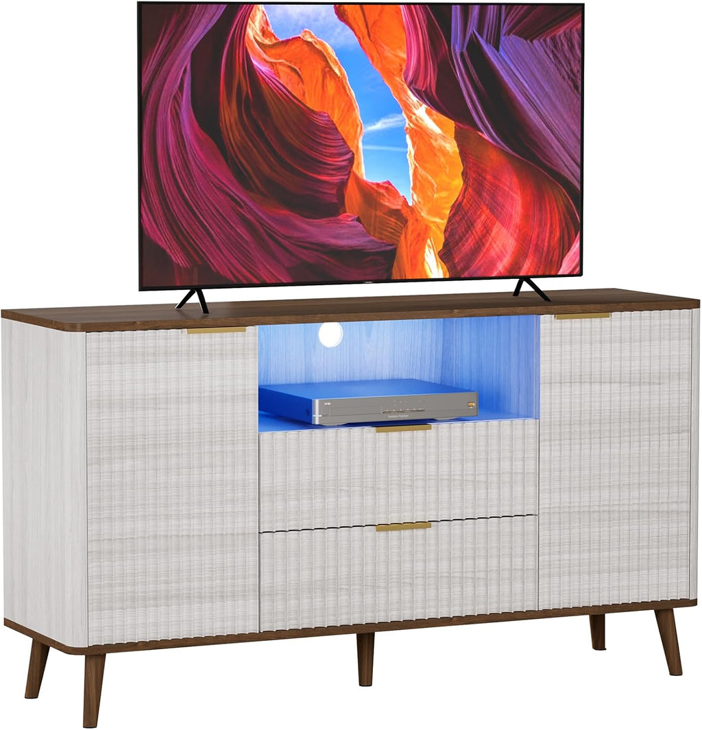 55"W TV Stand Fit up to 65-inch TVs, Mid-century Modern Entertainment Center with LED, Fluted Wood TV Table with 2 Drawers & Storage Cabinets, Media Console for Living Room & Bedroom, Beige