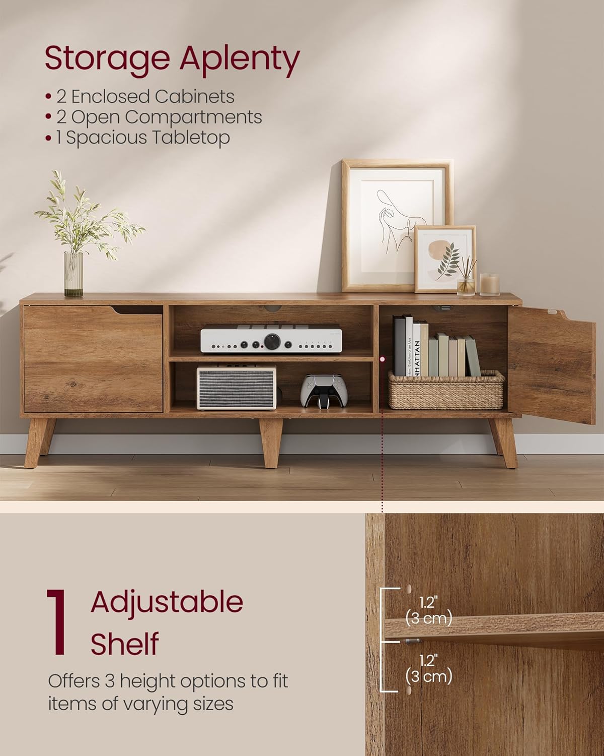 VASAGLE TV Stand for 65-Inch TVs, Entertainment Center with Adjustable Shelf, 58-Inch Long Media Console Table, Transitional Style, for Living Room, Bedroom, Honey Brown ULTV556K01