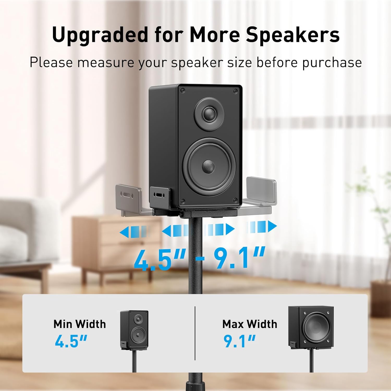 PERLESMITH Universal Speaker Stands for Surround Sound -Height Adjustable Extend 33.3”to 45.1”, Floor Speaker Stand for Satellite & Studio & Bookshelf Speakers up to 11LBS,1 Pair Black, PSSS2