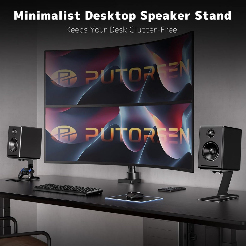 PUTORSEN Desk Speaker Stands,Desktop Speaker Stands for Most Small & Medium Bookshelf Speakers, Computer Speakers,Depth Up to 7.71in,6 Tilt Angle,Speaker Risers with Vibration Absorption Pad, Black