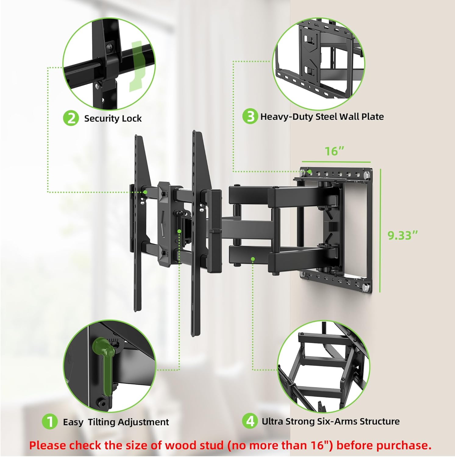 USX Mount Full Motion TV Wall Mount for Most 42-90 inch Flat Screen/LED/4K, TV Mount Bracket Dual Swivel Articulating Tilt 6 Arms, Max 16" Wood Studs, VESA 600x400mm, Holds up to 132lbs