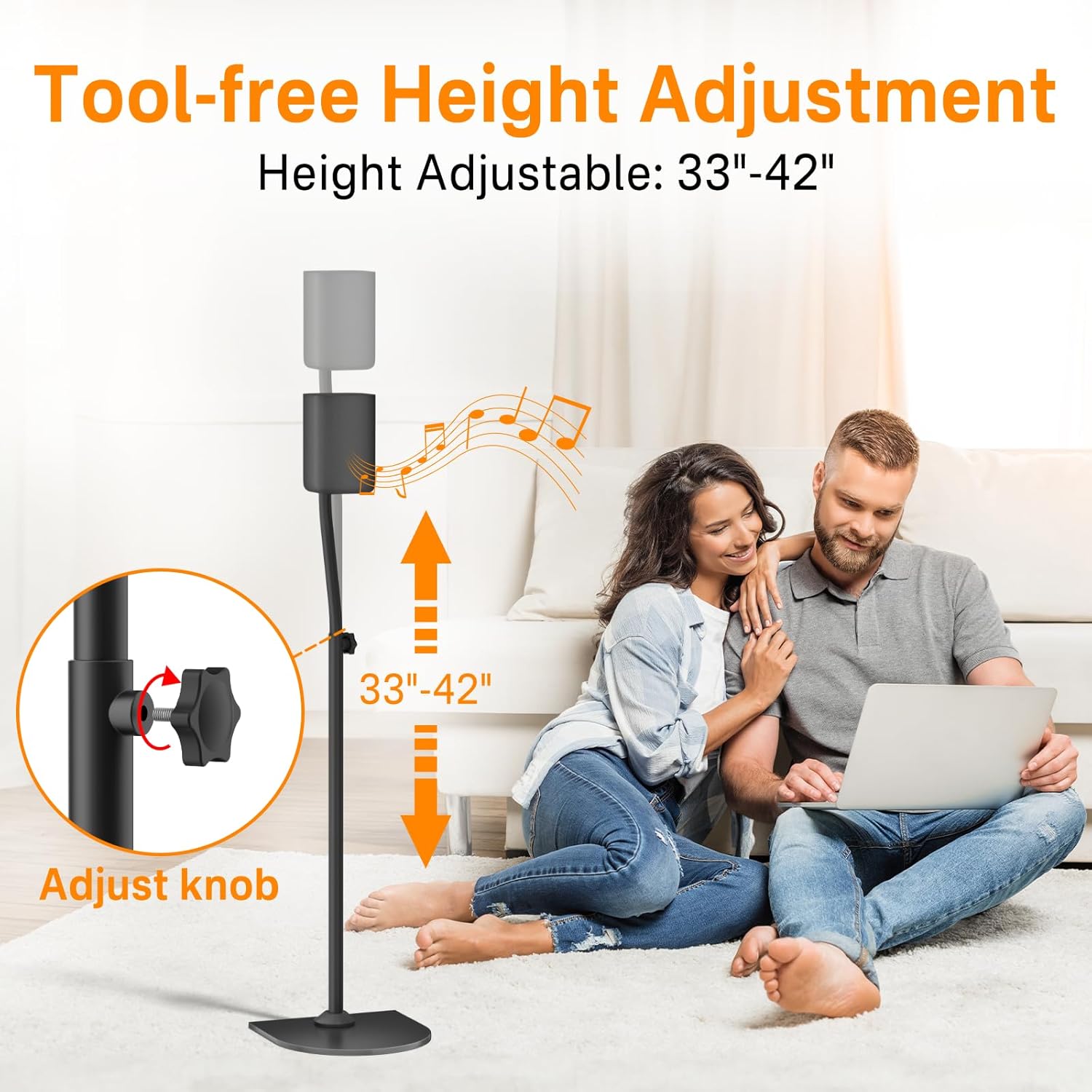 Height Adjustable Speaker Stand Pair Extend 33" to 42" with Wall Mount for Samsung, Vizio, Bose, LG, Roku Rear Speakers and More Surround Sound Speaker Stands Up to 5Lbs with Key Hole&Thread Hole