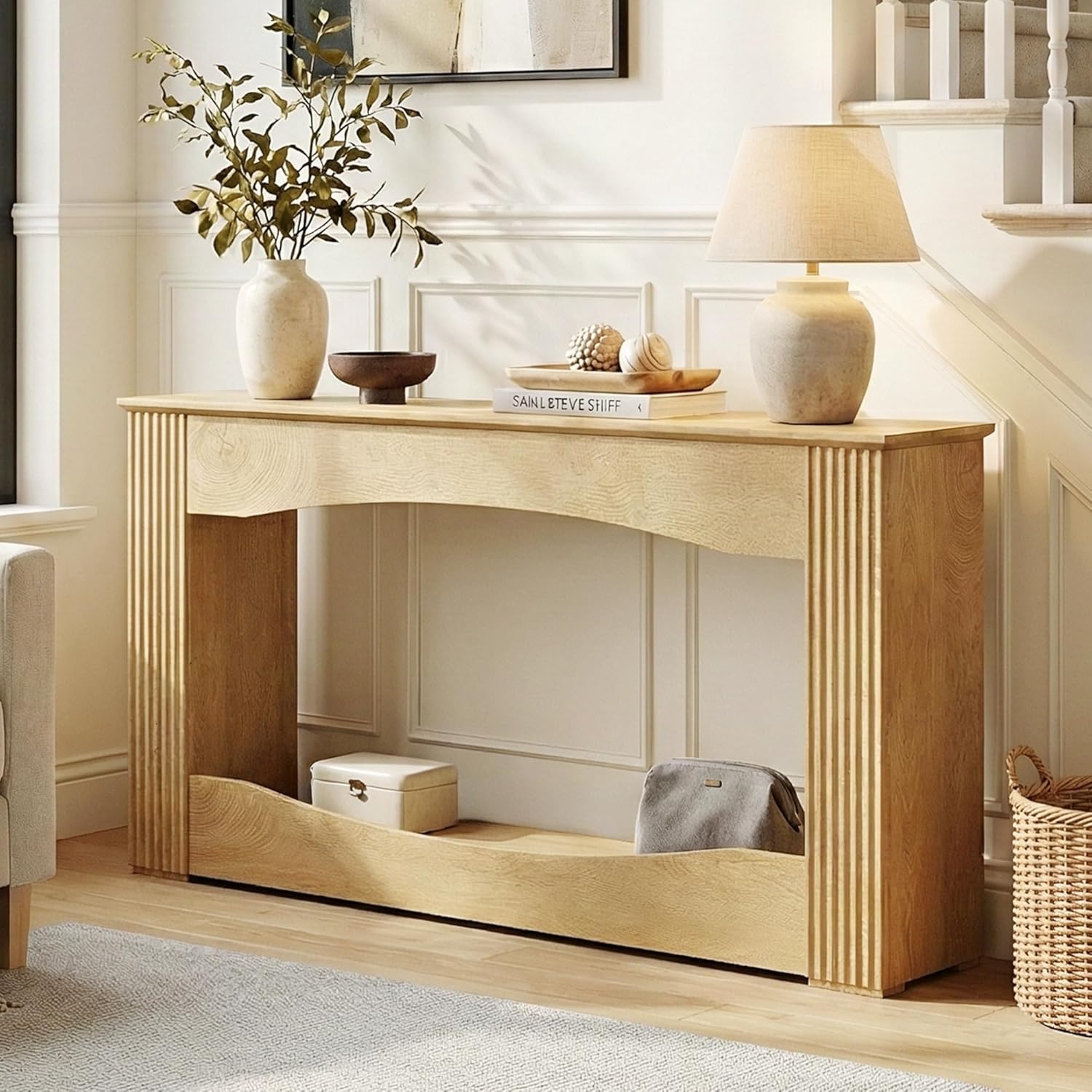 Farmhouse Entryway Console Table - 63" Rustic Wooden Hallway Sofa Table for Living Room, Entryway, Foyer - Sturdy 200lb Capacity MDF Oak Finish, Storage Shelf for Decor & Organizers