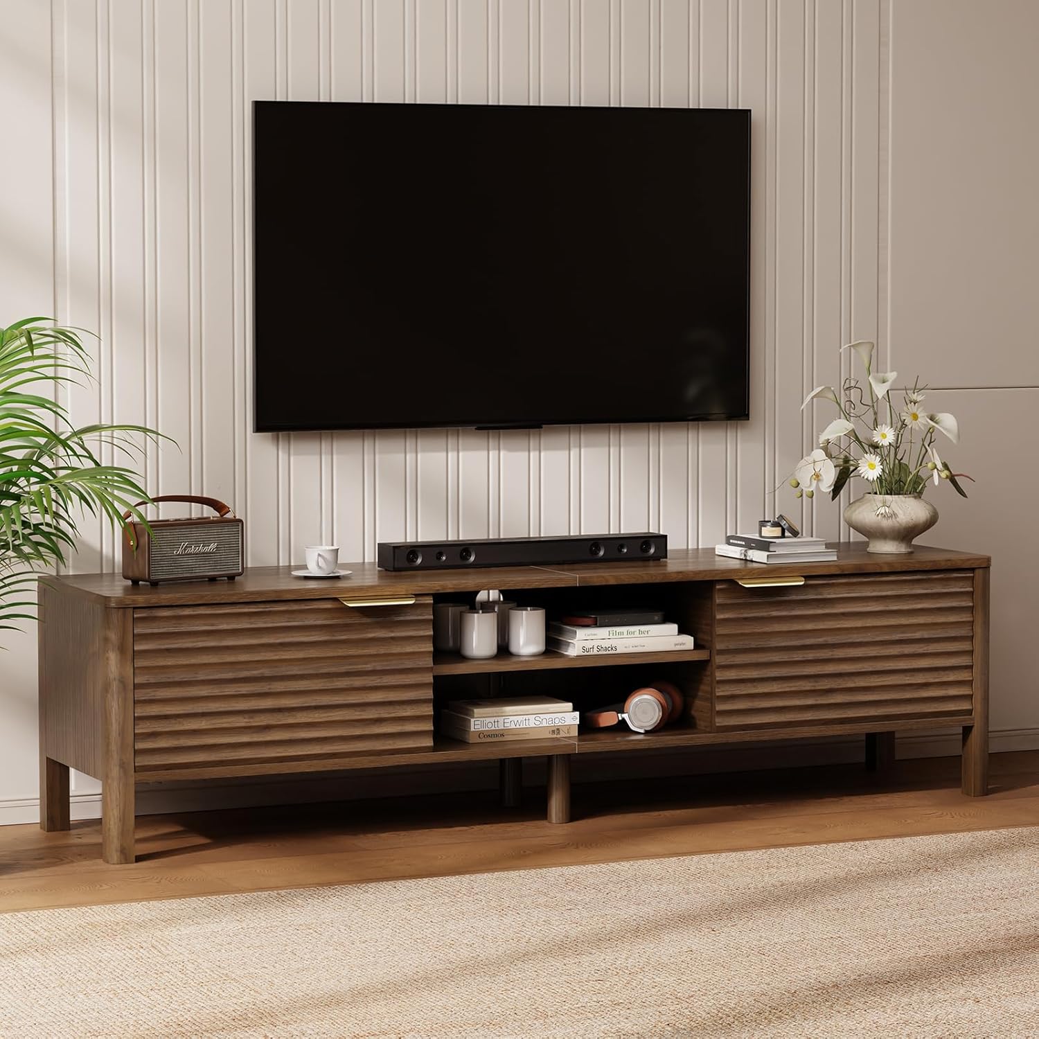 TV Stand for Living Room - up to 80 Inch TVs Mid Century Modern Entertainment Center with Storage and Adjustable Shelves, Media Console Table Walnut 71"