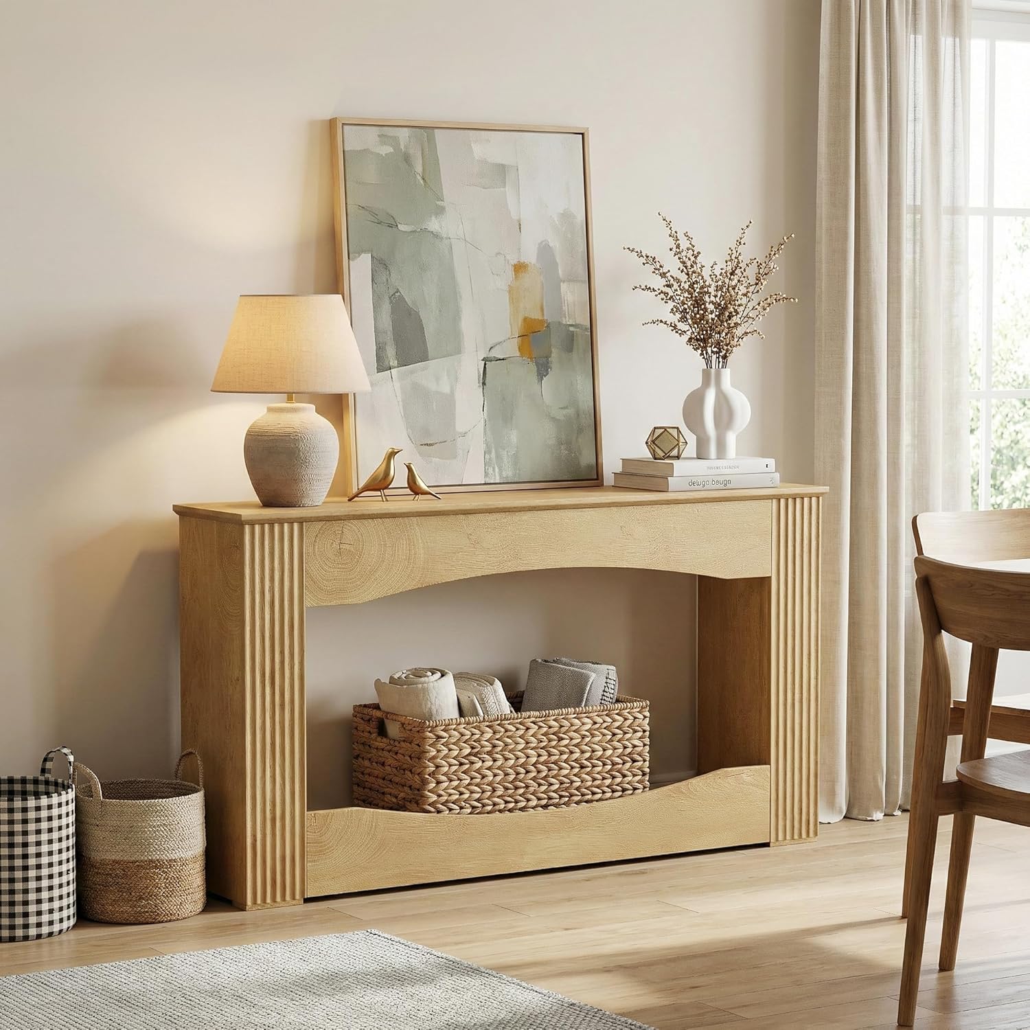 Farmhouse Entryway Console Table - 63" Rustic Wooden Hallway Sofa Table for Living Room, Entryway, Foyer - Sturdy 200lb Capacity MDF Oak Finish, Storage Shelf for Decor & Organizers