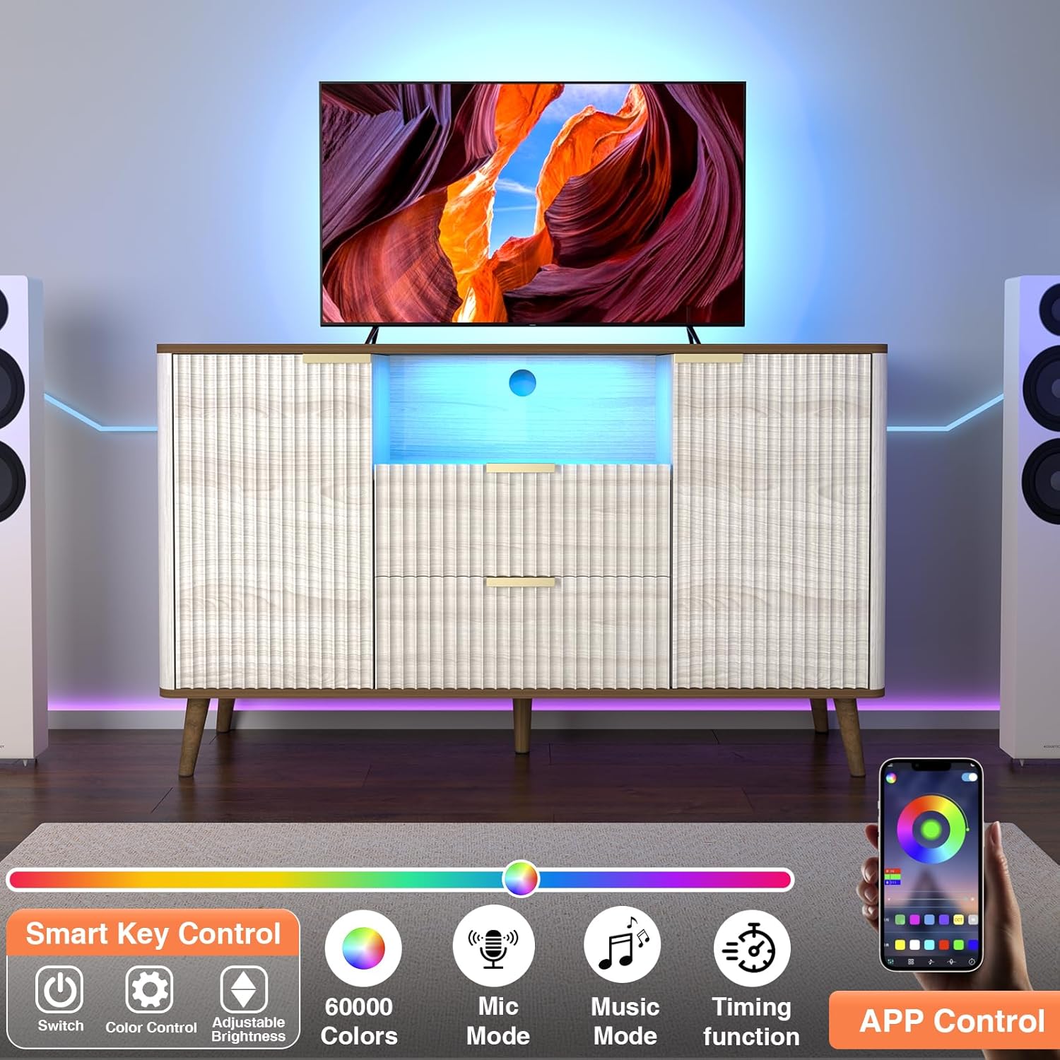 55"W TV Stand Fit up to 65-inch TVs, Mid-century Modern Entertainment Center with LED, Fluted Wood TV Table with 2 Drawers & Storage Cabinets, Media Console for Living Room & Bedroom, Beige