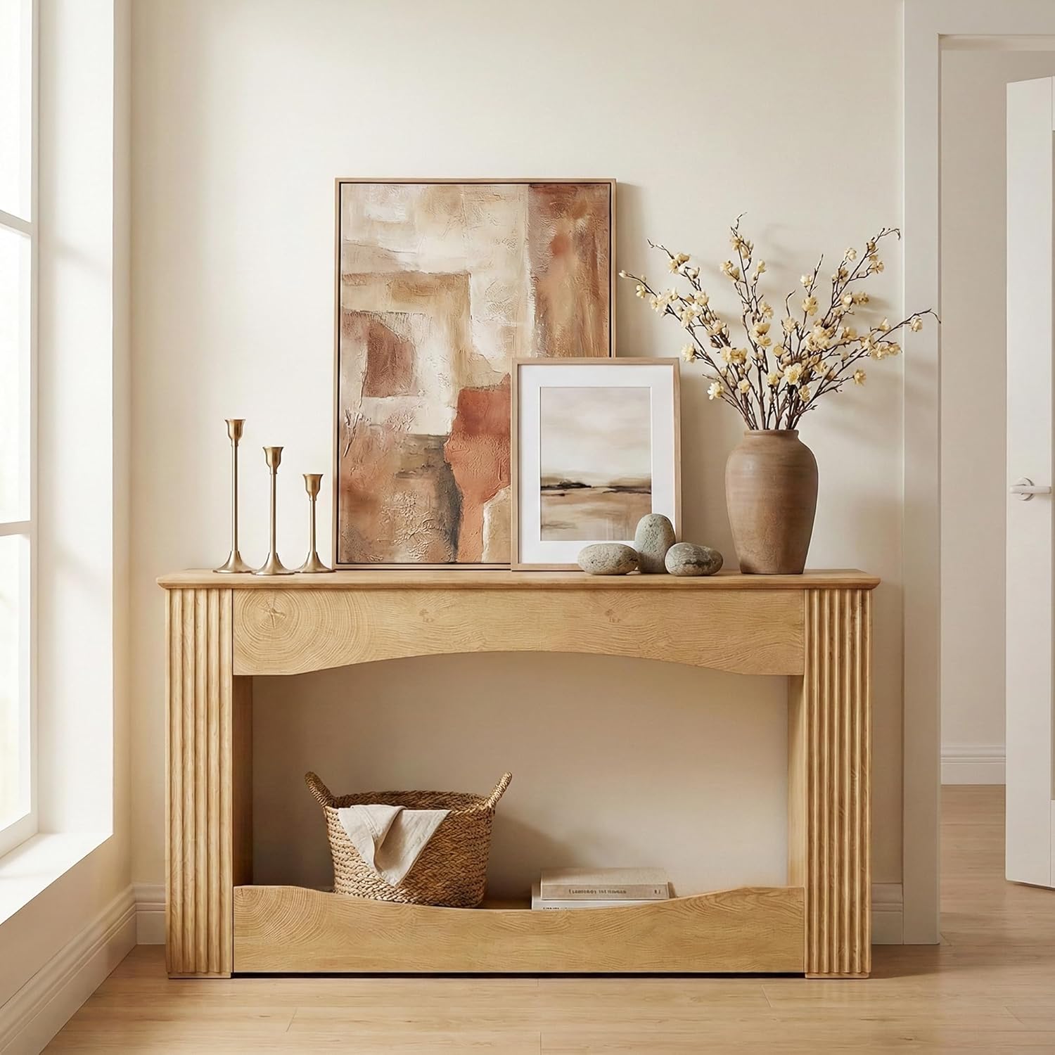 Farmhouse Entryway Console Table - 63" Rustic Wooden Hallway Sofa Table for Living Room, Entryway, Foyer - Sturdy 200lb Capacity MDF Oak Finish, Storage Shelf for Decor & Organizers