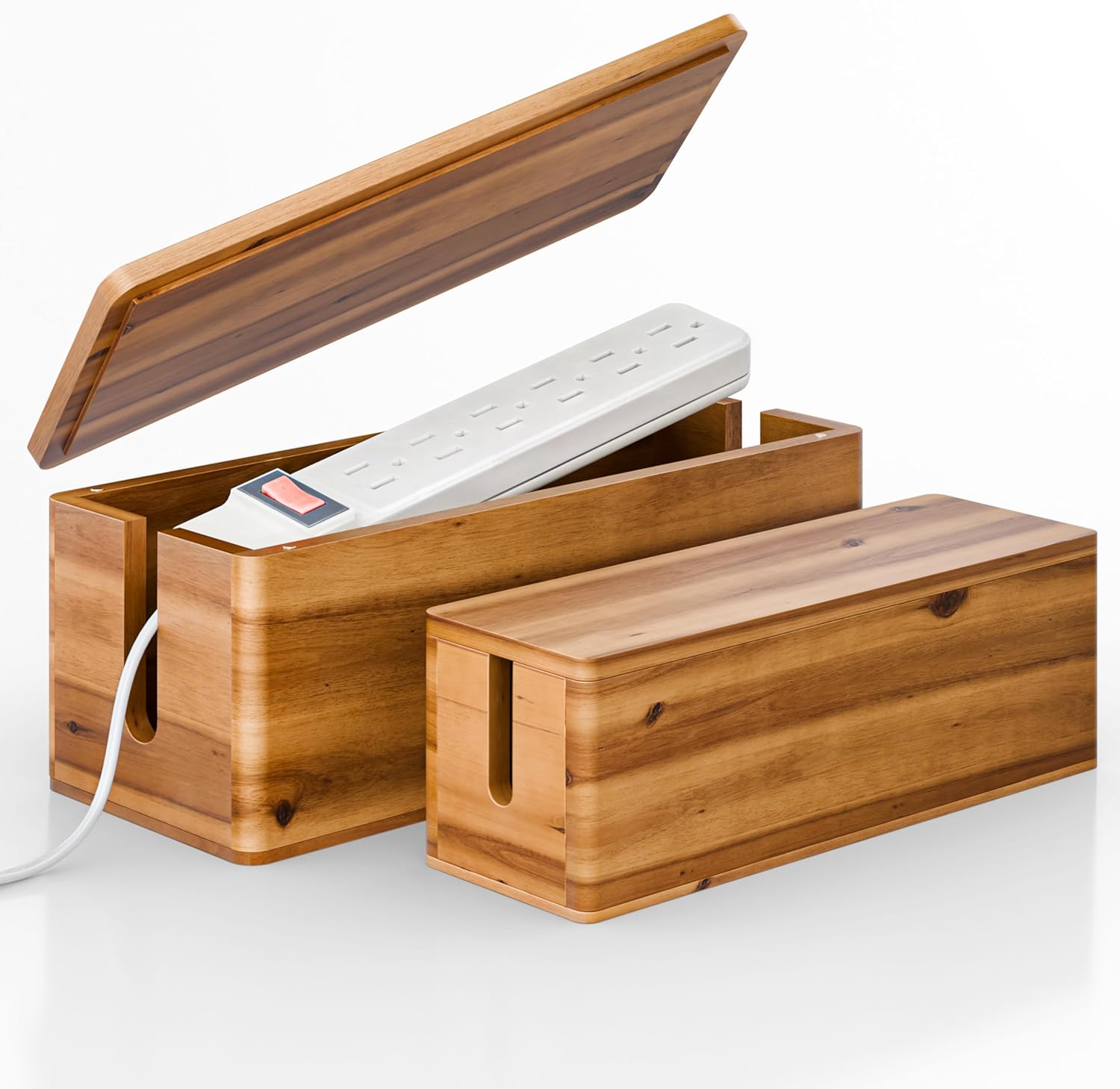 Acacia Wood Large Cable Management Box Round Edge - 16" L Wooden Power Strip Box, Surge Protector Box - Cable Hider Box for Office, Living Room - 2 Open Slots, Magnetic Lid (Walnut Color)