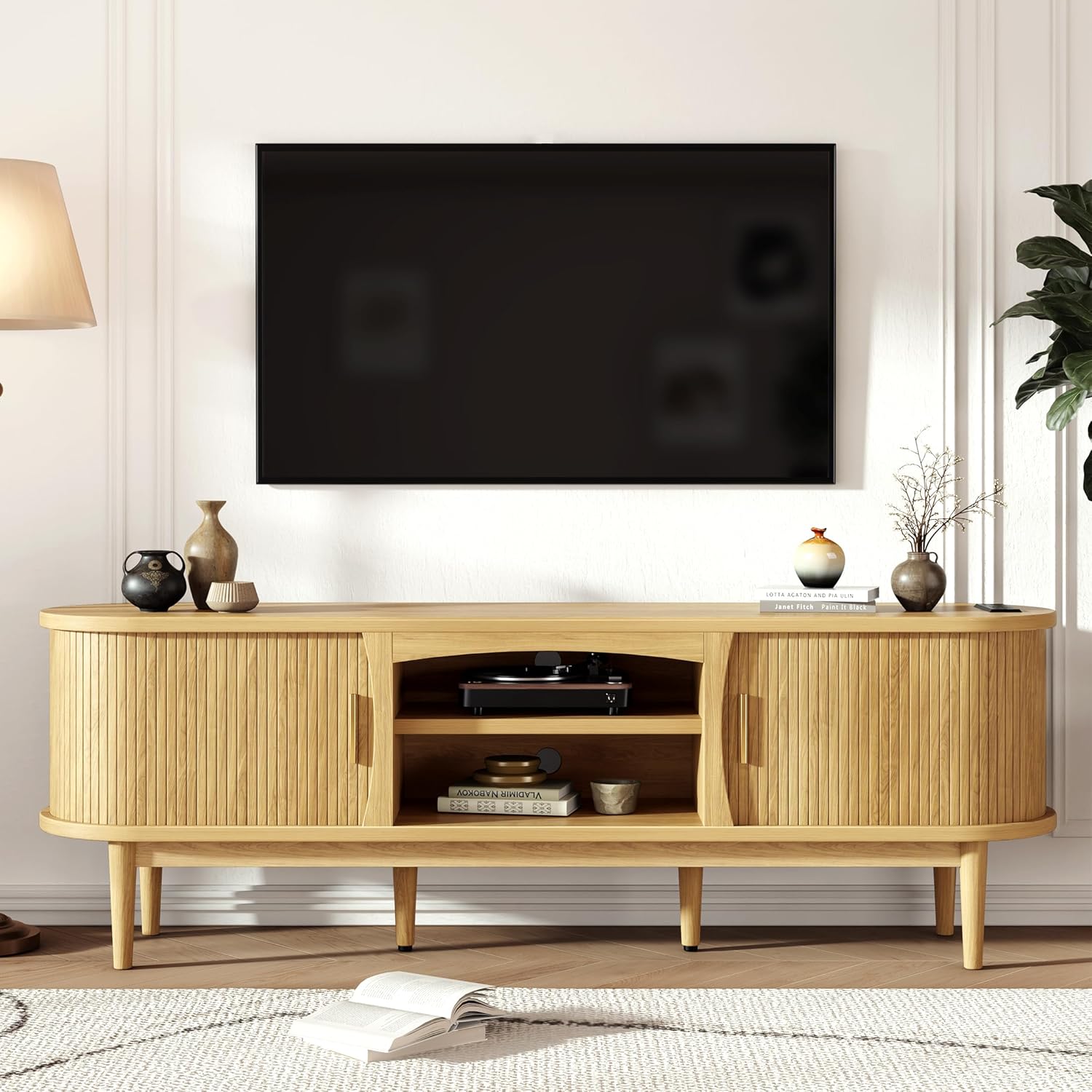 Mid Century TV Stand for TVs up to 65 Inches, Entertainment Center with Storage, Power Outlet, Fluted Sliding Doors & Adjustable Shelves, Modern Media TV Console Table for Living Room (Walnut)