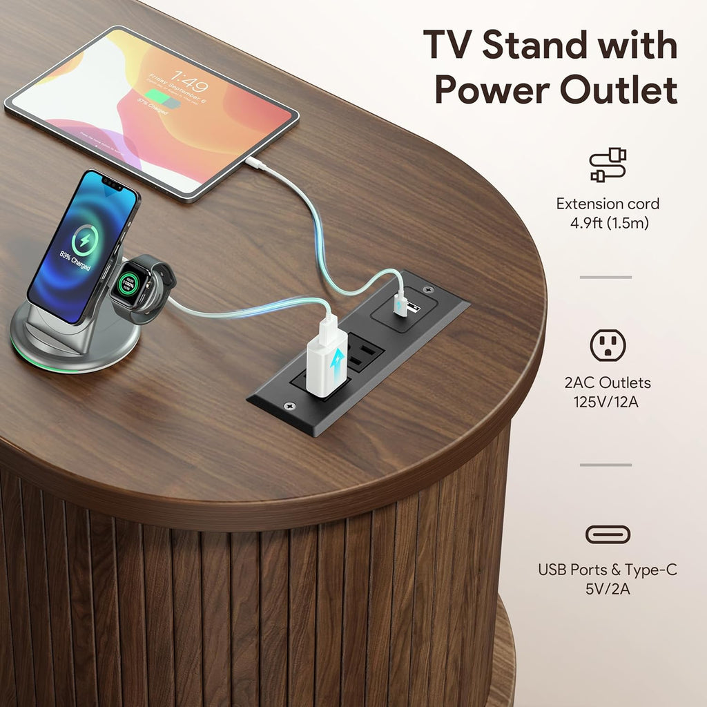 Mid Century TV Stand for TVs up to 65 Inches, Entertainment Center with Storage, Power Outlet, Fluted Sliding Doors & Adjustable Shelves, Modern Media TV Console Table for Living Room (Walnut)