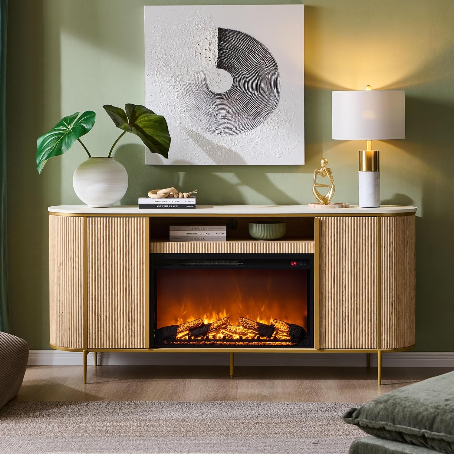 OKD Luxury 70" Fluted TV Stand, Modern Chic Entertainment Center for TVs Up to 80 inches, TV Console with Faux Marble Top, Curved Profile Design, Media Console for Living Room, Natural Oak