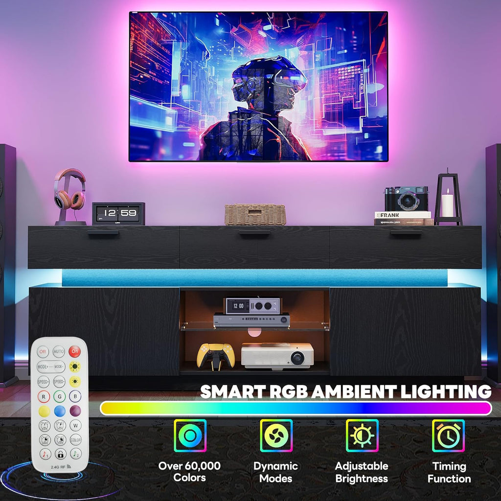 LIKIMIO Black TV Stand for TVs 85 inch, Entertainment Center with Power Outlets & LED Lights, TV Media Console Table with Cabinets, Drawers and Open Storage Shelves, Modern TV Stand for Living Room