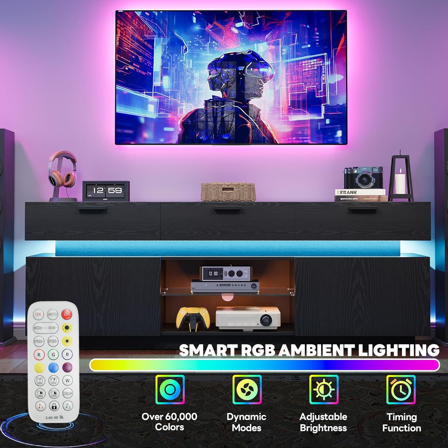 LIKIMIO Black TV Stand for TVs 85 inch, Entertainment Center with Power Outlets & LED Lights, TV Media Console Table with Cabinets, Drawers and Open Storage Shelves, Modern TV Stand for Living Room