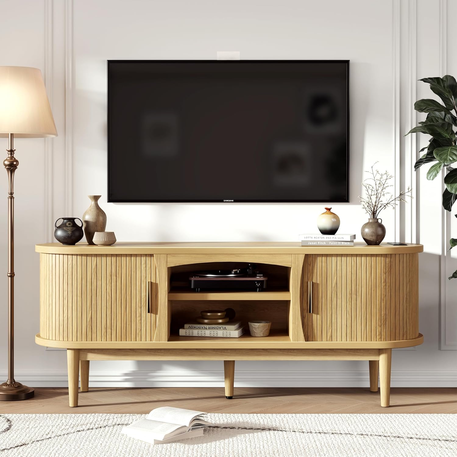 Mid Century TV Stand for TVs up to 65 Inches, Entertainment Center with Storage, Power Outlet, Fluted Sliding Doors & Adjustable Shelves, Modern Media TV Console Table for Living Room (Walnut)