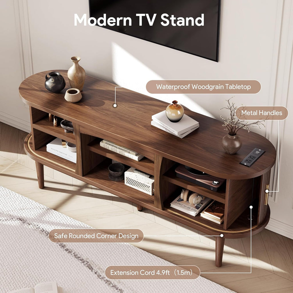 Mid Century TV Stand for TVs up to 65 Inches, Entertainment Center with Storage, Power Outlet, Fluted Sliding Doors & Adjustable Shelves, Modern Media TV Console Table for Living Room (Walnut)