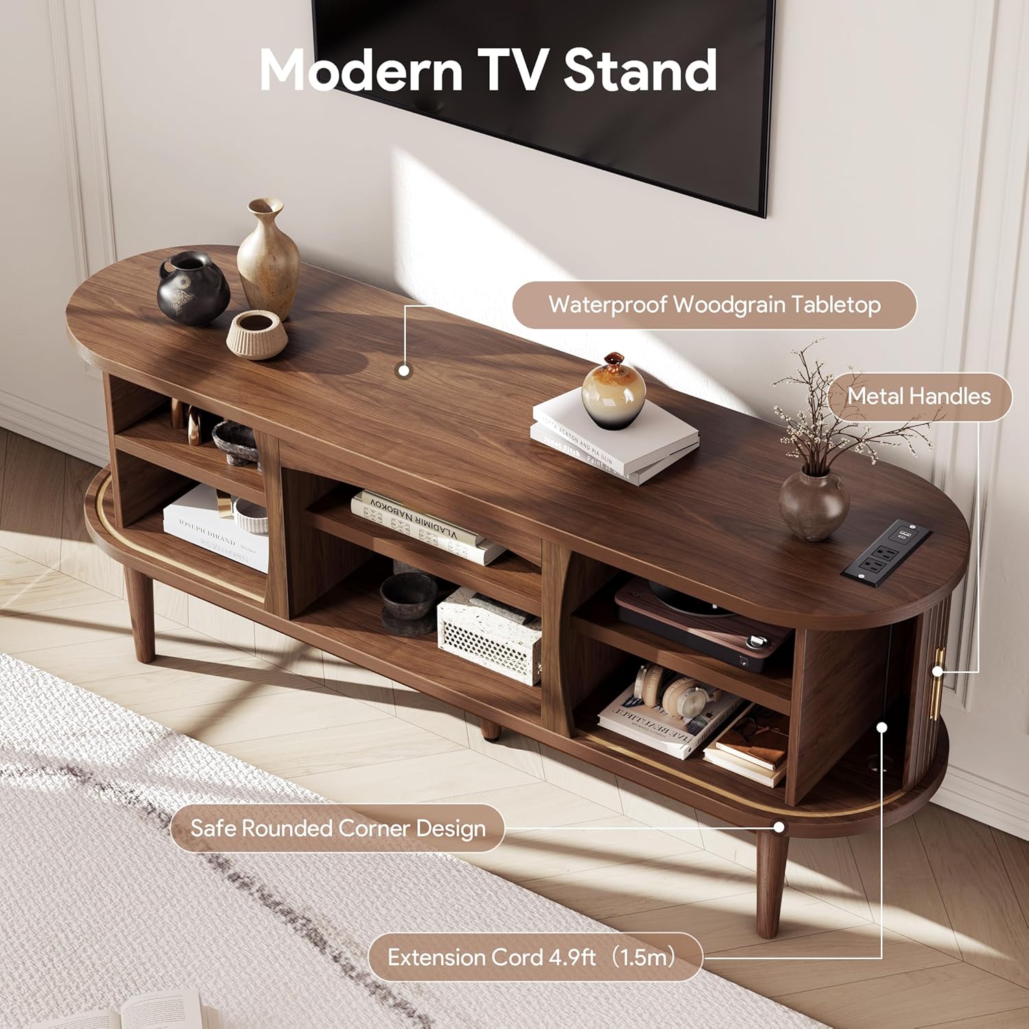 Mid Century TV Stand for TVs up to 65 Inches, Entertainment Center with Storage, Power Outlet, Fluted Sliding Doors & Adjustable Shelves, Modern Media TV Console Table for Living Room (Walnut)