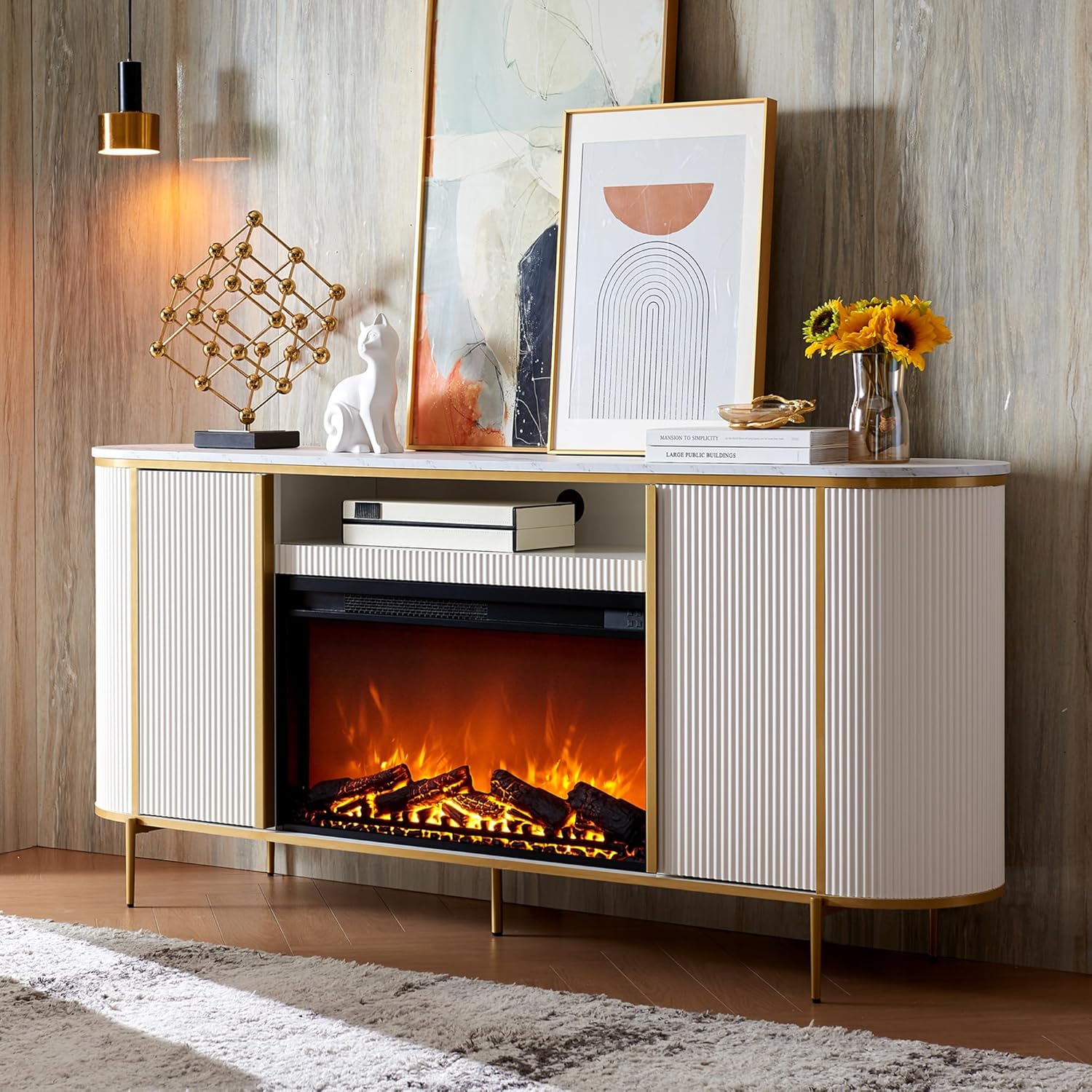 OKD Luxury 70" Fluted TV Stand, Modern Chic Entertainment Center for TVs Up to 80 inches, TV Console with Faux Marble Top, Curved Profile Design, Media Console for Living Room, Natural Oak