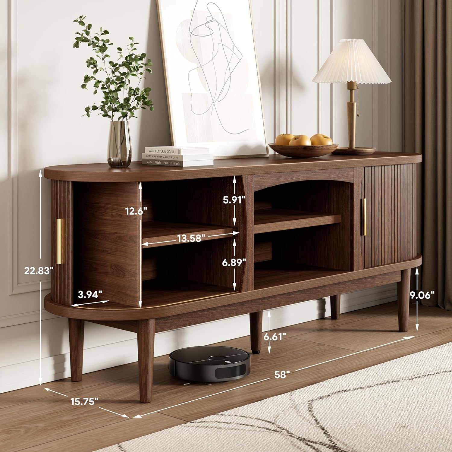 Mid Century TV Stand for TVs up to 65 Inches, Entertainment Center with Storage, Power Outlet, Fluted Sliding Doors & Adjustable Shelves, Modern Media TV Console Table for Living Room (Walnut)