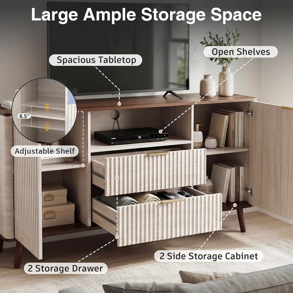 55"W TV Stand Fit up to 65-inch TVs, Mid-century Modern Entertainment Center with LED, Fluted Wood TV Table with 2 Drawers & Storage Cabinets, Media Console for Living Room & Bedroom, Beige