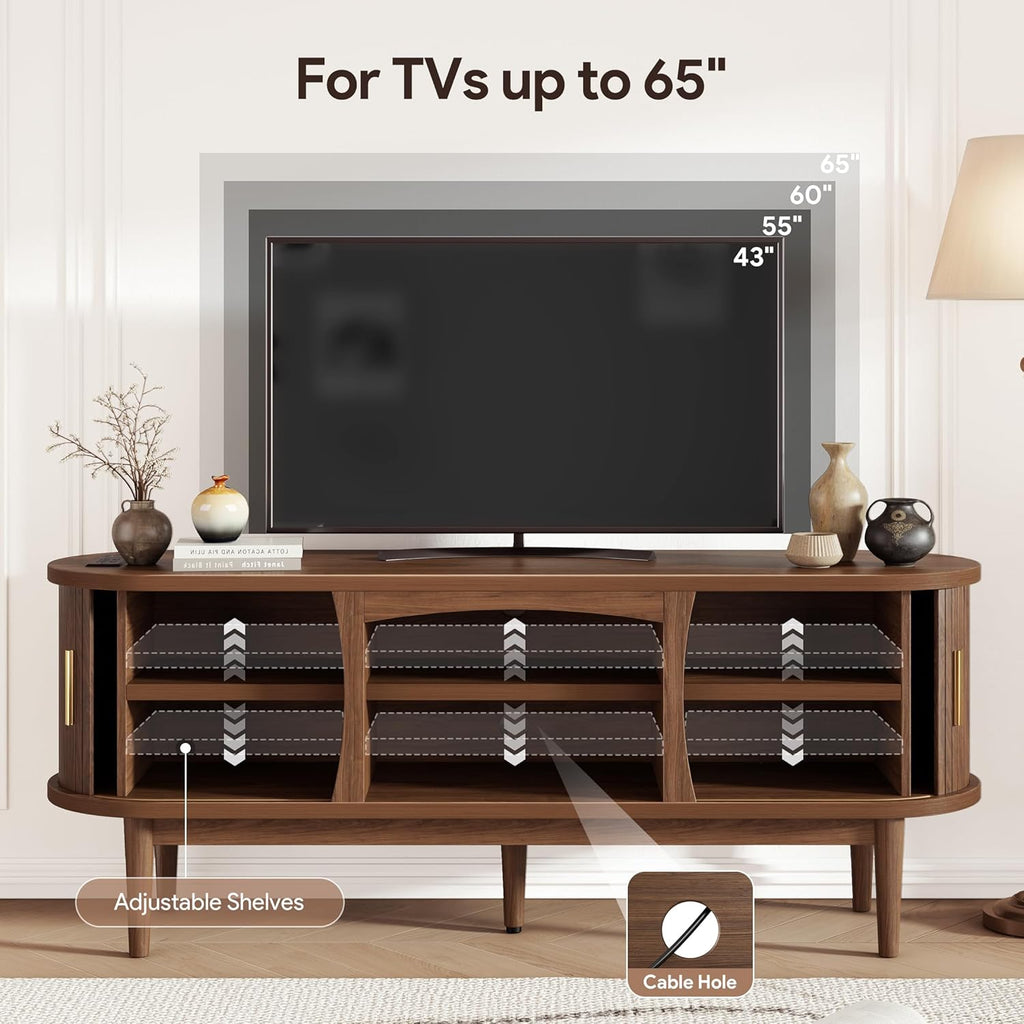 Mid Century TV Stand for TVs up to 65 Inches, Entertainment Center with Storage, Power Outlet, Fluted Sliding Doors & Adjustable Shelves, Modern Media TV Console Table for Living Room (Walnut)