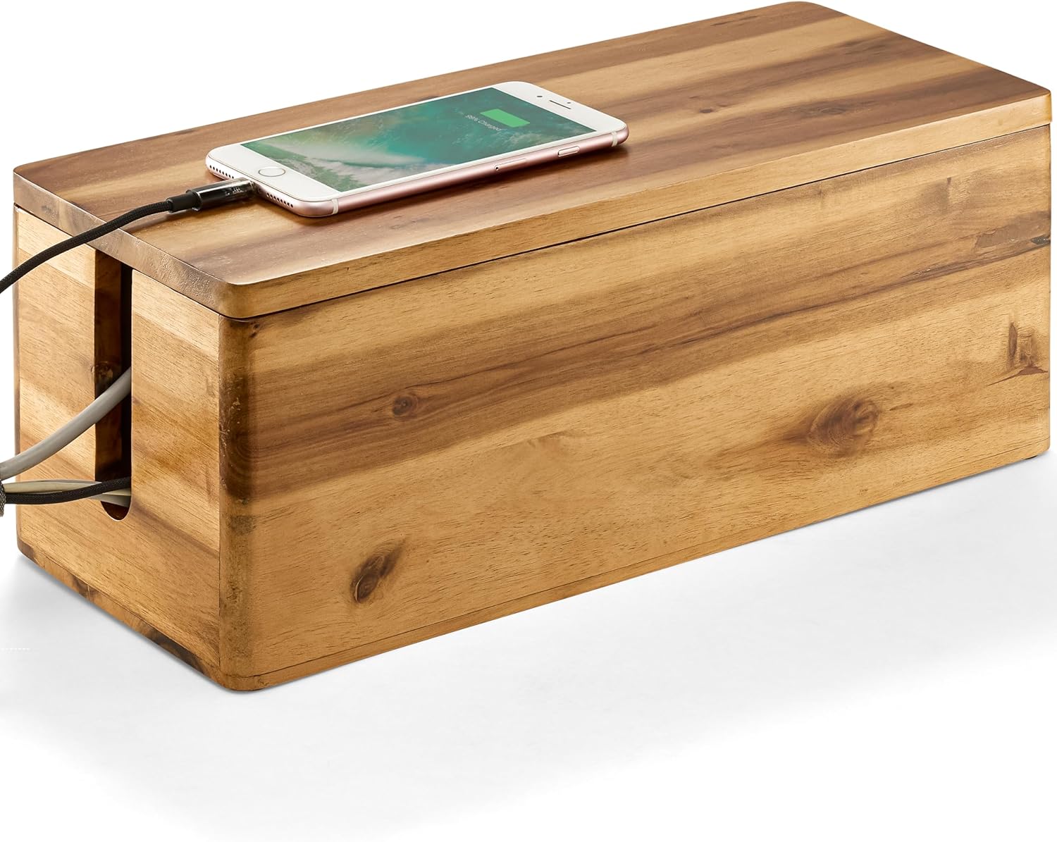 Acacia Wood Large Cable Management Box Round Edge - 16" L Wooden Power Strip Box, Surge Protector Box - Cable Hider Box for Office, Living Room - 2 Open Slots, Magnetic Lid (Walnut Color)