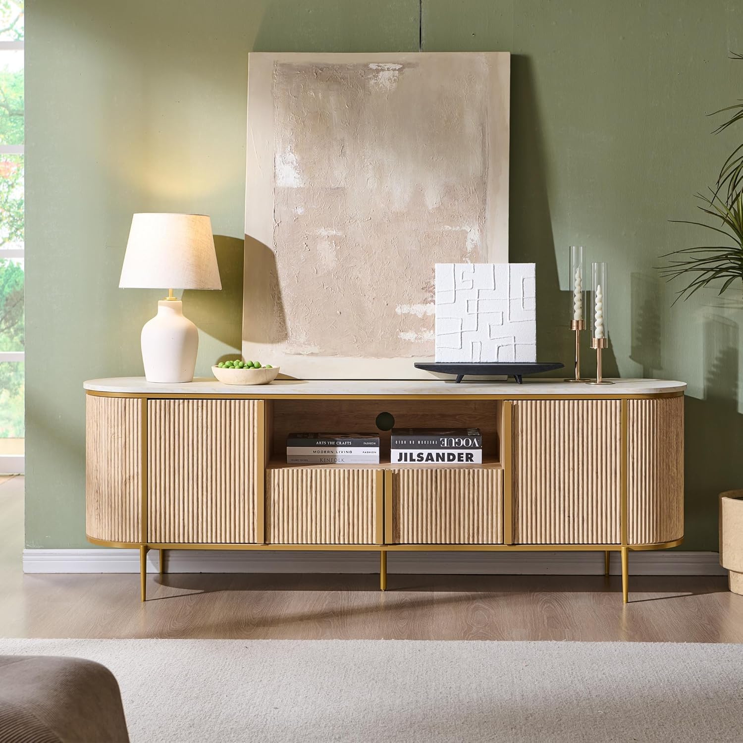 OKD Luxury 70" Fluted TV Stand, Modern Chic Entertainment Center for TVs Up to 80 inches, TV Console with Faux Marble Top, Curved Profile Design, Media Console for Living Room, Natural Oak