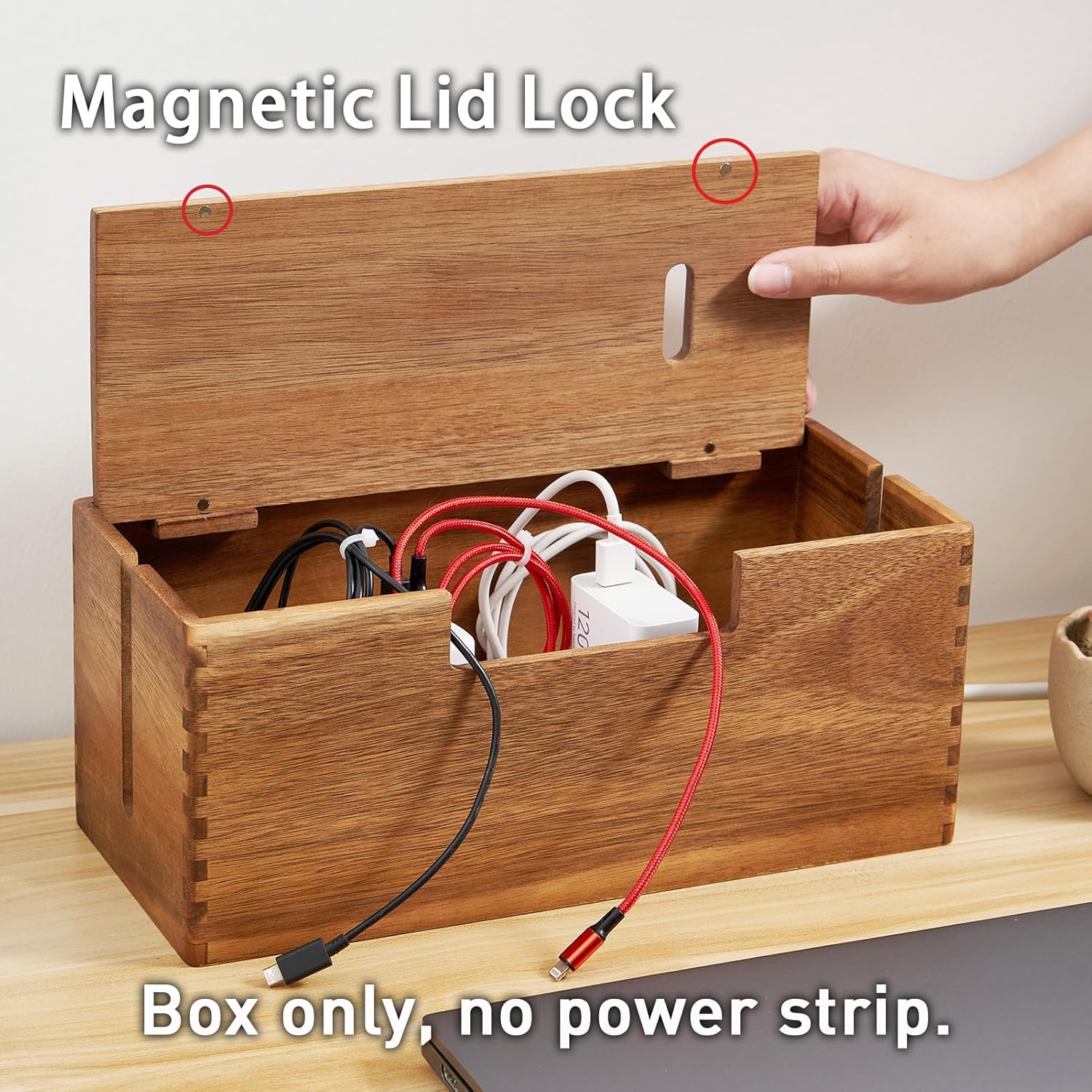 Acacia Wood Cable Management Box, Wooden Cord Hider & Organizer for Power Strip, Electrical Hiding, TV Wires, Desk & Floor Cables - Office Under Desk Cable Storage Box for Wire Storage Organization