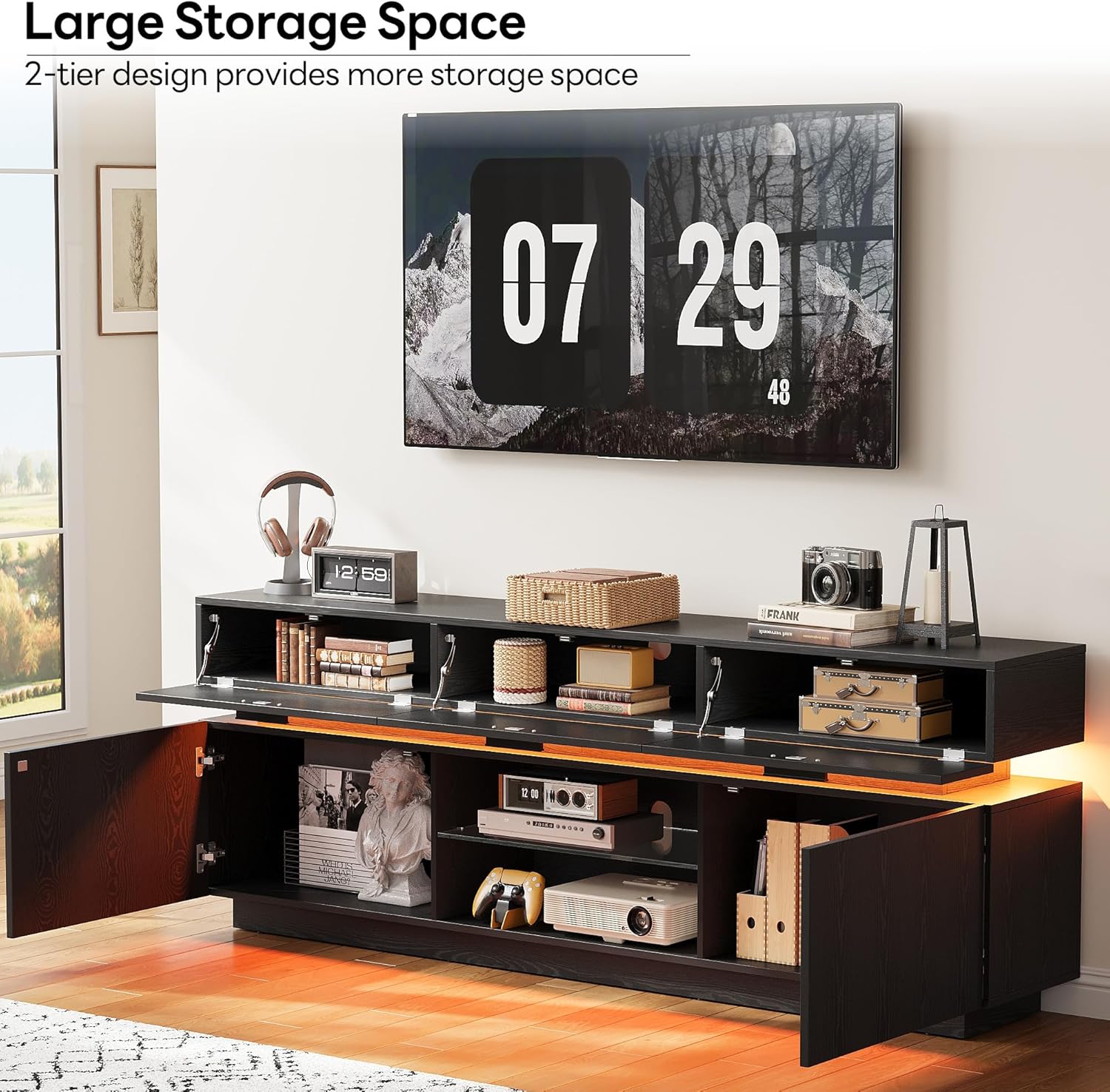 LIKIMIO Black TV Stand for TVs 85 inch, Entertainment Center with Power Outlets & LED Lights, TV Media Console Table with Cabinets, Drawers and Open Storage Shelves, Modern TV Stand for Living Room