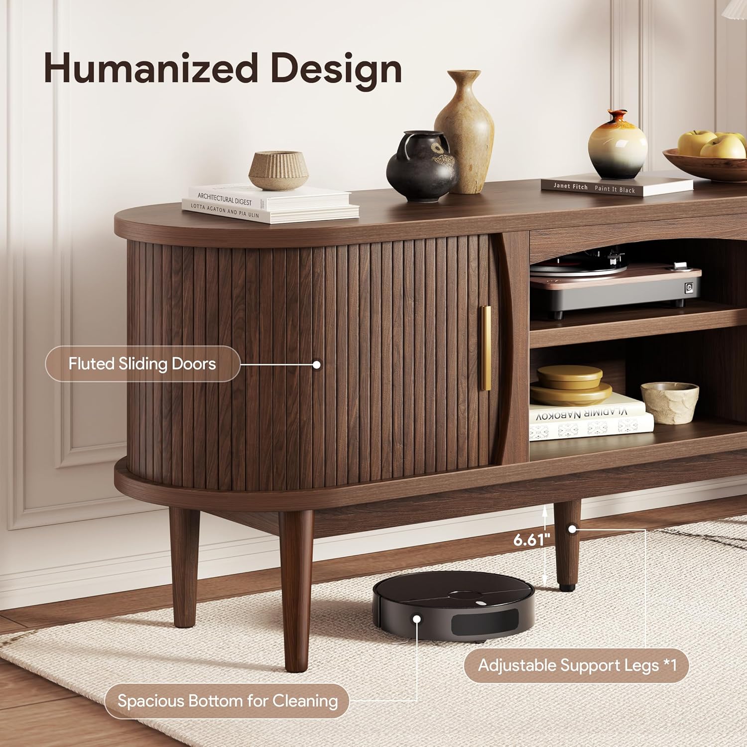 Mid Century TV Stand for TVs up to 65 Inches, Entertainment Center with Storage, Power Outlet, Fluted Sliding Doors & Adjustable Shelves, Modern Media TV Console Table for Living Room (Walnut)