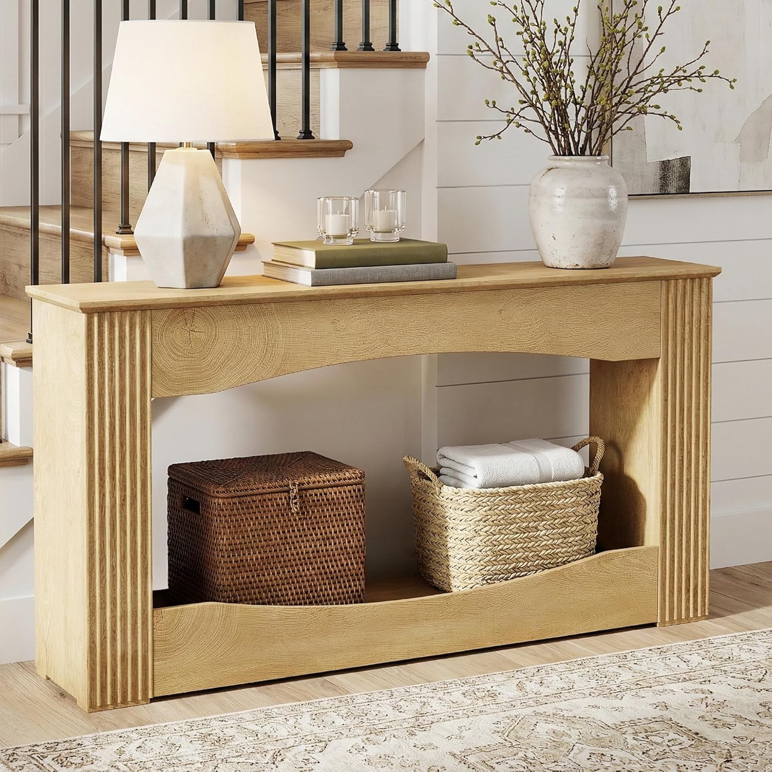 Farmhouse Entryway Console Table - 63" Rustic Wooden Hallway Sofa Table for Living Room, Entryway, Foyer - Sturdy 200lb Capacity MDF Oak Finish, Storage Shelf for Decor & Organizers